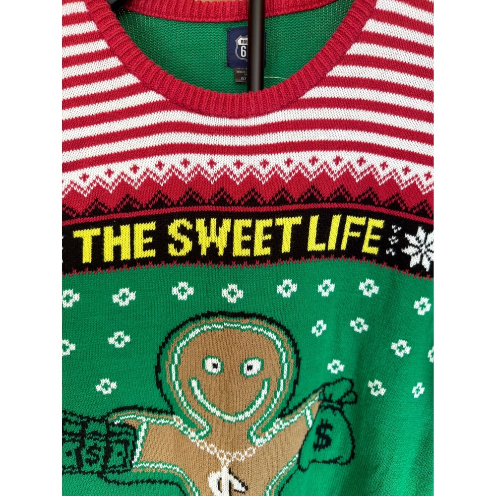 Route 66 Mens The Sweet Life Gingerbread Man Ugly Christmas Sweater Green XLT - Picture 3 of 7